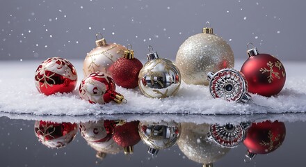 Decorative christmas ornaments displayed on a surface with reflections