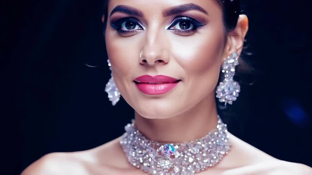 Elegant woman adorned in sparkling jewelry and glamorous makeup, showcasing beauty and confidence, with a gradual zoom in capturing her serene expression and radiant features