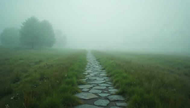 Stone pathway winds through rich green grassy field on damp misty morning. Dense fog obscures horizon, making path disappear into unknown distance. Distant trees barely visible in heavy haze, evoking