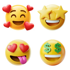 3d Expressive emoji faces capture love excitement infatuation and wealth with vibrant 3D detail isolated on png transparent background