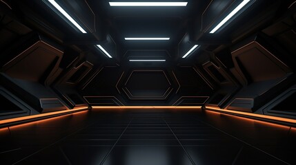 Obraz premium Futuristic Sci-Fi Corridor with Orange and White Lighting in a Dark, Modern Environment