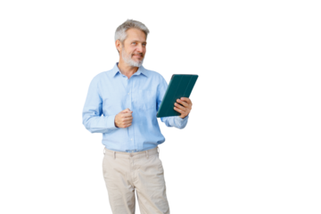 Happy senior businessman using tablet, standing and smiling, looking away with transparent background