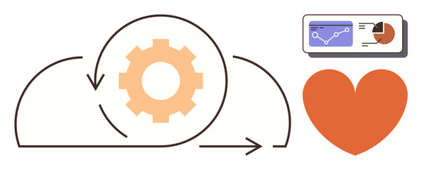 Gear within cloud and arrows for process flow, chart dashboard, and heart symbol for harmony. Ideal for teamwork, technology, workflow, innovation, analytics, strategy relationship simple flat