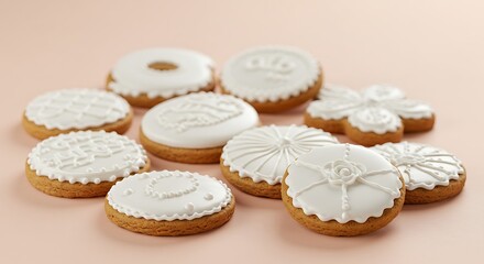 Decorative cookies displayed on a light pink surface in studio lighting