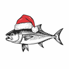 Christmas Tuna Fish Santa Hat Holiday Seafood Vector Illustration