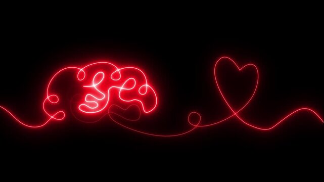 Glowing red  neon Brain with heart inside. One line drawing. symbolizing balance of mind and feelings, psychology, emotional intelligence, love, mental health,  connection of logic and emotion.