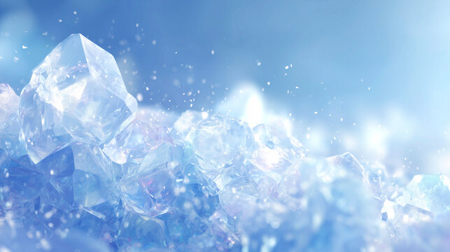 ガラスのようなクリスタル氷とやわらかい光がきらめく透明ブルー背景