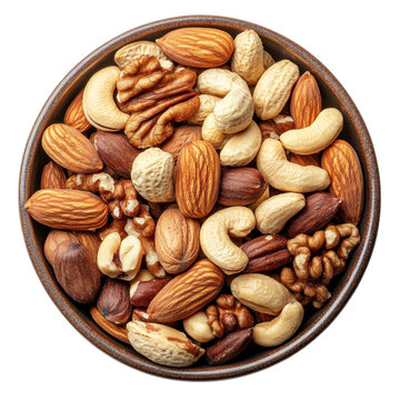Mixed nuts in brown bowl on transparent background