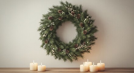 Decorative christmas wreath and lit candles on wooden surface