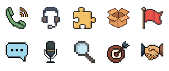 Fototapeta na wymiar Set of 10 pixel art icons: communication, tools, and objects