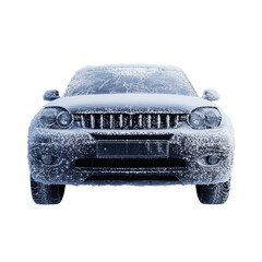 Car covered in snowfall on transparent background