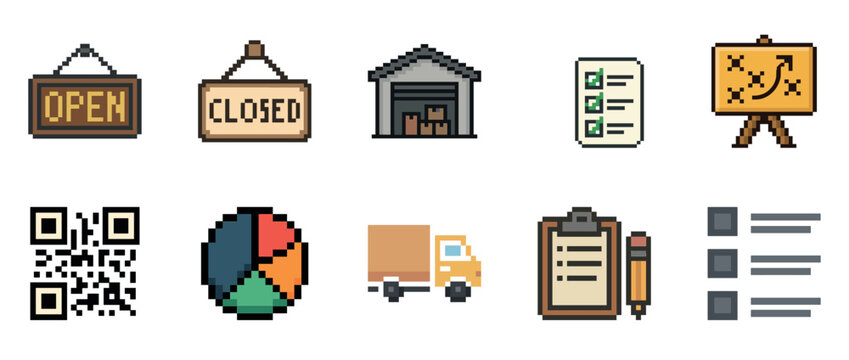 Set of 10 retro pixel icons: open, closed signs, warehouse, checklist, qr code, pie chart, truck, clipboard