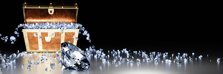 Many diamonds in a golden vintage treasure chest and falling down to the ground used for the Gem storage box concept. A treasure on black background and reflection on the floor. 3D Render.