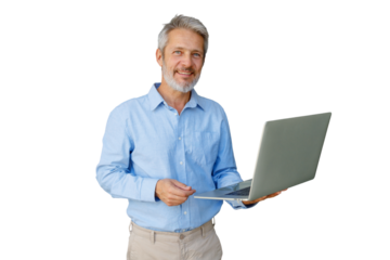 Mature businessman smiling, holding laptop, representing technology, communication, and connectivity on transparent background