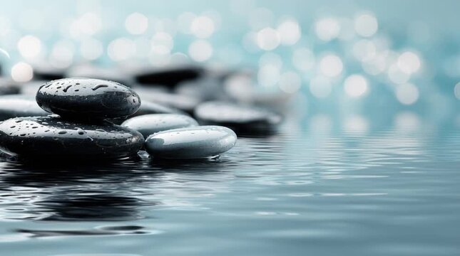 Soft spa background with smooth pebbles and gentle water reflections creating a calm, peaceful and luxurious wellness atmosphere.
