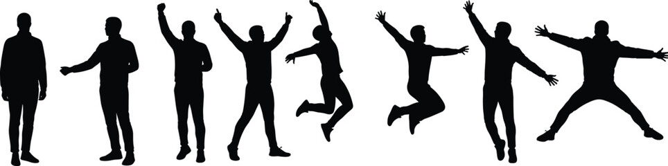 Silhouette people poses, jumping celebration, human body movement, dynamic action, victory gesture, dancing figure, fitness exercise, happy man, energy expression,