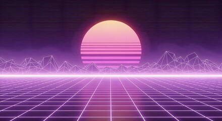 Vibrant neon landscape with grid floor and glowing horizon, purple-pink light blend, nostalgic 80s digital aesthetic.