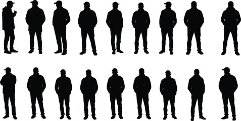 Silhouette people standing poses, human figure outline collection, black vector man posture set, body gesture reference, fashion template, casual stance illustration design