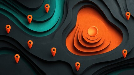 Obraz premium A colorful abstract landscape with layered designs in green and black. Bright orange map markers are scattered across the terrain, creating a striking contrast.