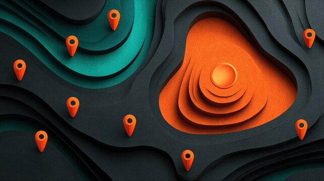 A colorful abstract landscape with layered designs in green and black. Bright orange map markers are scattered across the terrain, creating a striking contrast.