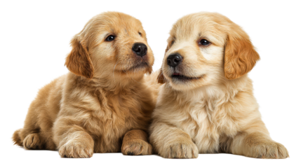 Two adorable golden retriever puppies lying down together