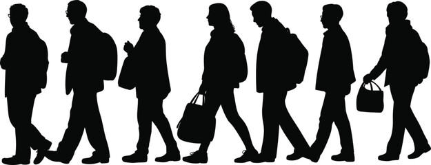 Silhouette people walking, business commuters, urban lifestyle, city workers, daily routine, teamwork, office employees, modern society, transportation, travel, mobility, journey, teamwork