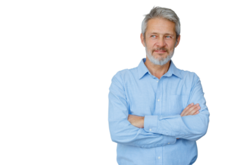 Mature man with confident expression looking away, wearing blue shirt and crossing arms on transparent background