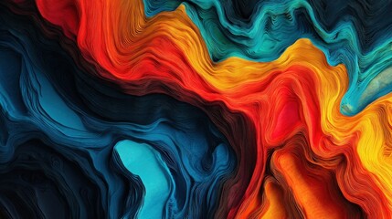 Bold colors swirl together in a striking abstract design, featuring deep reds, bright oranges, and cool blues. The fluid pattern creates an energetic visual experience in a dark setting.