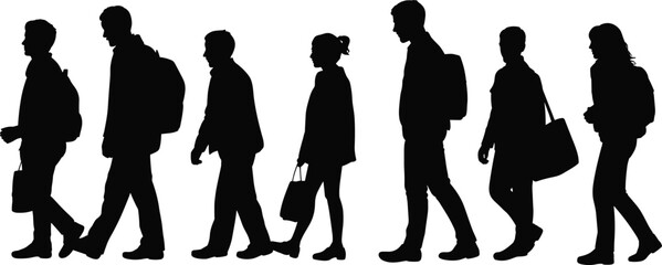 Silhouette people walking, commuter group carrying bags, urban lifestyle, students with backpacks, diverse crowd motion, city pedestrians, daily routine, transportation, teamwork,
