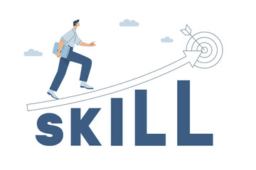 Businessman walking up a rising arrow, symbol of growth, skill development, Flat vector design illustration.
