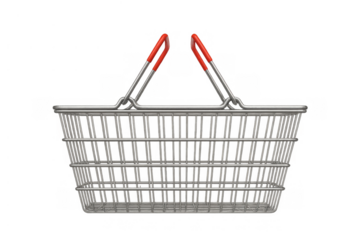 Empty metal shopping basket with red handles, symbolizing retail, shopping, commerce, and grocery service, on transparent background