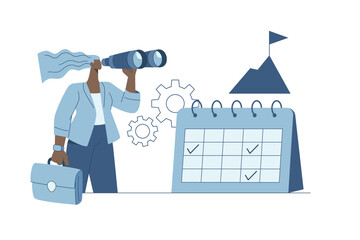 Woman holding binoculars with calendar, Organizational development planning to the highest level, Work efficiency improvement.