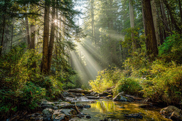 Obraz premium Sunlight streaming through tall evergreen trees onto a peaceful forest stream surrounded by lush green foliage and moss-covered rocks in a serene woodland setting