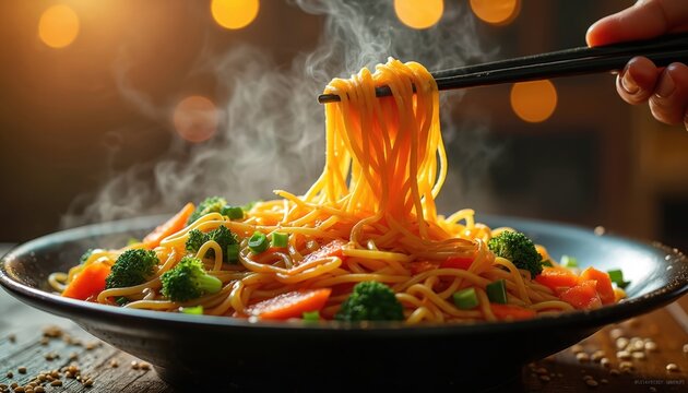 Hot japchae noodles stir fried with broccoli carrots and scallions served on black platter. Steam rises from pasta dish, chopsticks pick up noodles. Asian food preparation.