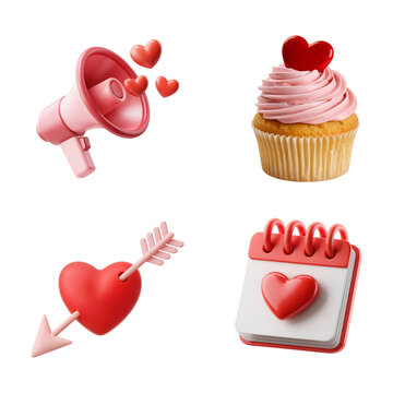 Charming Valentine's Day icons heart arrow cupcake calendar and love announcement megaphone isolated on png transparent background