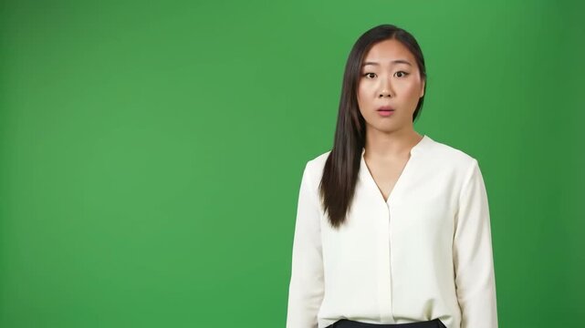 Woman with surprised expression on green screen.