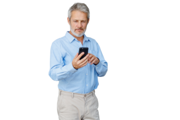 Mature man using mobile phone, checking social media or messaging app, communicating online, transparent background