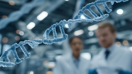 Biotechnology researchers in futuristic lab analyzing rotating holographic DNA strands on digital panels, surrounded by robotic instruments, symbolizing advanced medicine, molecular genetics, and