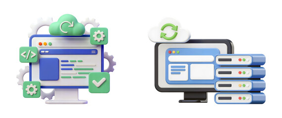 3d Modern cloud computing setup with code icons and server racks for digital infrastructure isolated on png transparent background