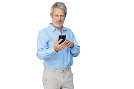 Mature man using mobile phone, checking social media or messaging app, communicating online, transparent background