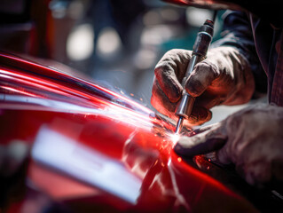 Skilled technician using a precision welding tool to repair and smooth the shiny red metallic surface of a vehicle in an auto body workshop environment
