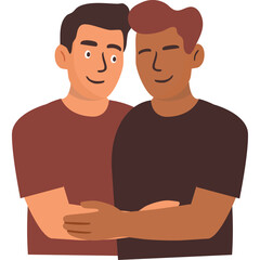 Two men in casual t shirts embracing warmly showing affection and togetherness on transparent background illustration