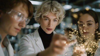 Laboratory filled with floating holographic nanorobot projections while scientists observe and manipulate their behavior, symbolizing high-tech experimentation, biomedical innovation, and precision