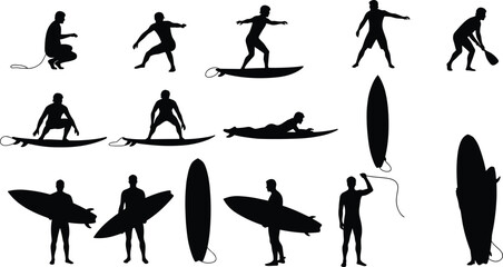 Surfing silhouettes collection, surfboard icons, surfer poses, extreme water sport illustration, beach lifestyle design, ocean wave activity, summer holiday vector, coastal adventure artwork