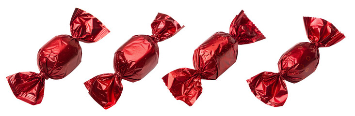 Four shiny red candies are neatly arranged on a plain white background. Their bright color and glossy wrapping make them visually appealing and perfect for treats or decorations.