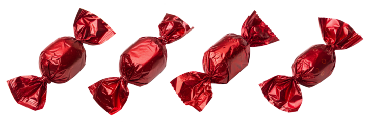 Four shiny red candies are neatly arranged on a plain white background. Their bright color and glossy wrapping make them visually appealing and perfect for treats or decorations.