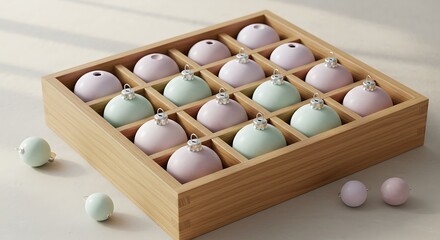 Decorative ornaments neatly arranged in a wooden storage box for holiday decor