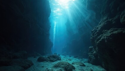 Sunlight beams pierce deep blue ocean water into dark underwater canyon. Majestic rocky walls rise high from sandy seafloor. Light illuminates sand, scattered rocks below. Mysterious marine world