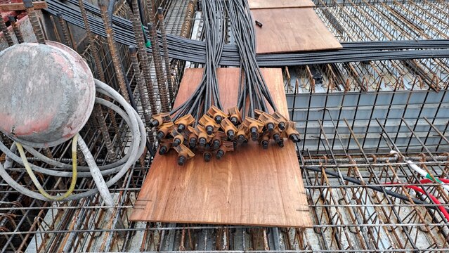 prestressing steel strands and rebar at construction site