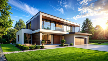 Contemporary two story home with green lawn and blue sky